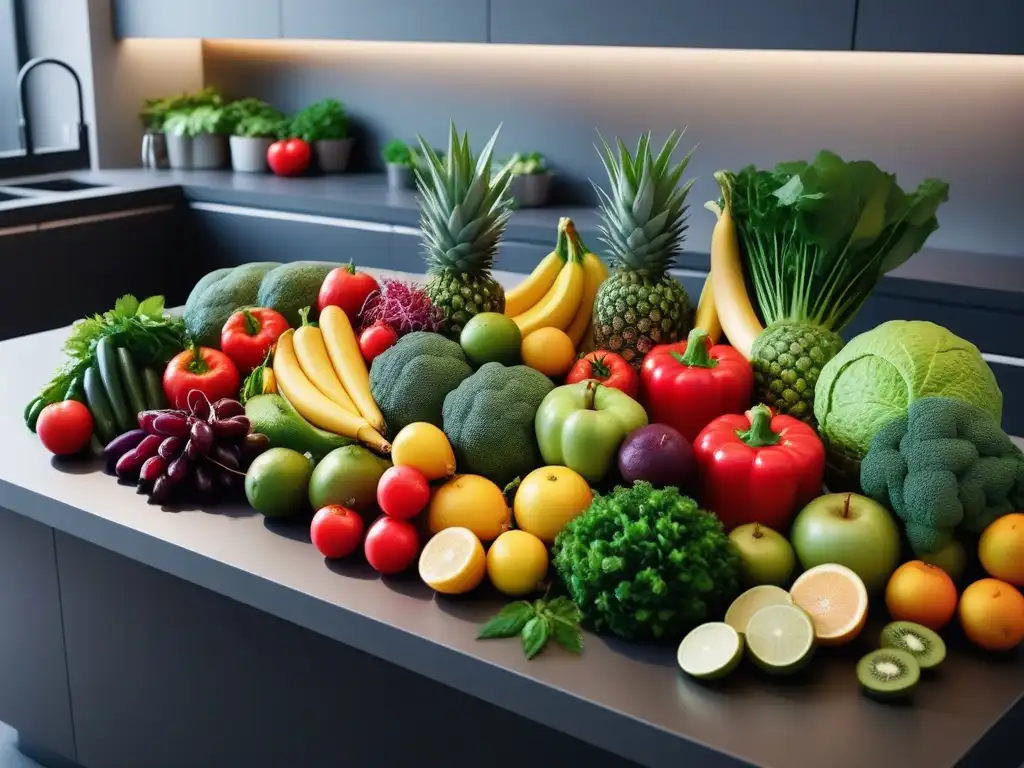Variedad vibrante de frutas y verduras veganas en cocina global Explorando cocina vegana mundial con una explosión de colores en una cocina moderna