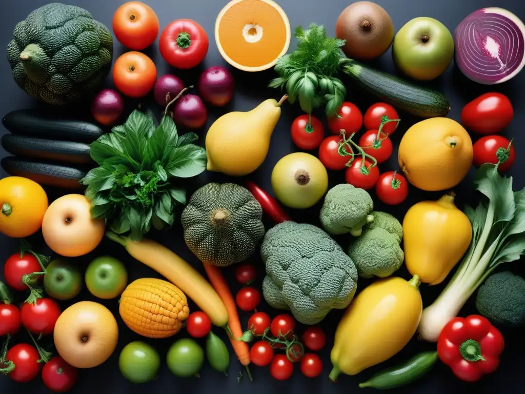 Exótica diversidad de frutas y verduras en cocina moderna Explorando cocina vegana mundial con una variedad exótica de frutas y verduras en una cocina moderna y colorida