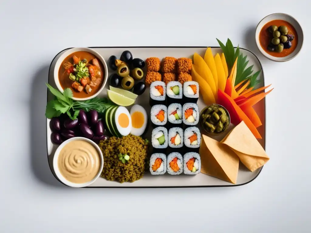 Delicias veganas del mundo: sushi, curry, taco y mezze Explorando cocina vegana mundial: Variedad de platos veganos coloridos y deliciosos de todo el mundo