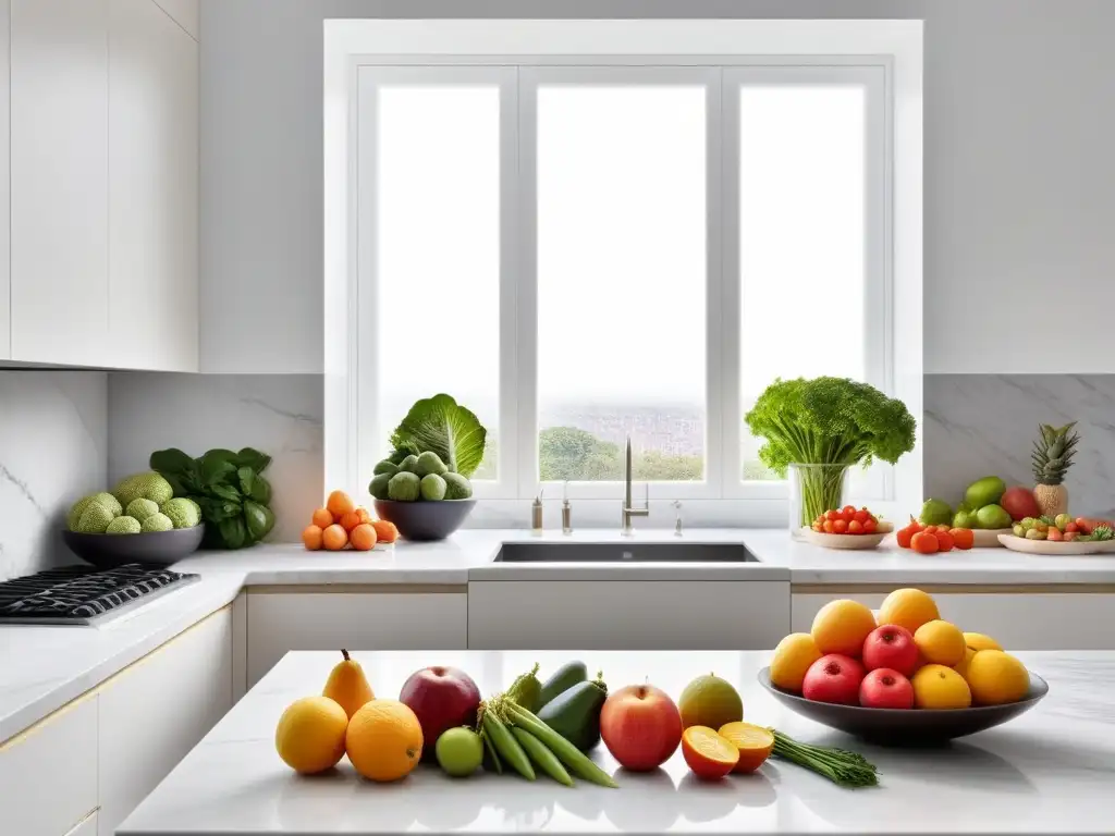 Una cocina vegana de nivel habilidad con ingredientes frescos y utensilios organizados en una encimera de mármol, bañada por luz natural