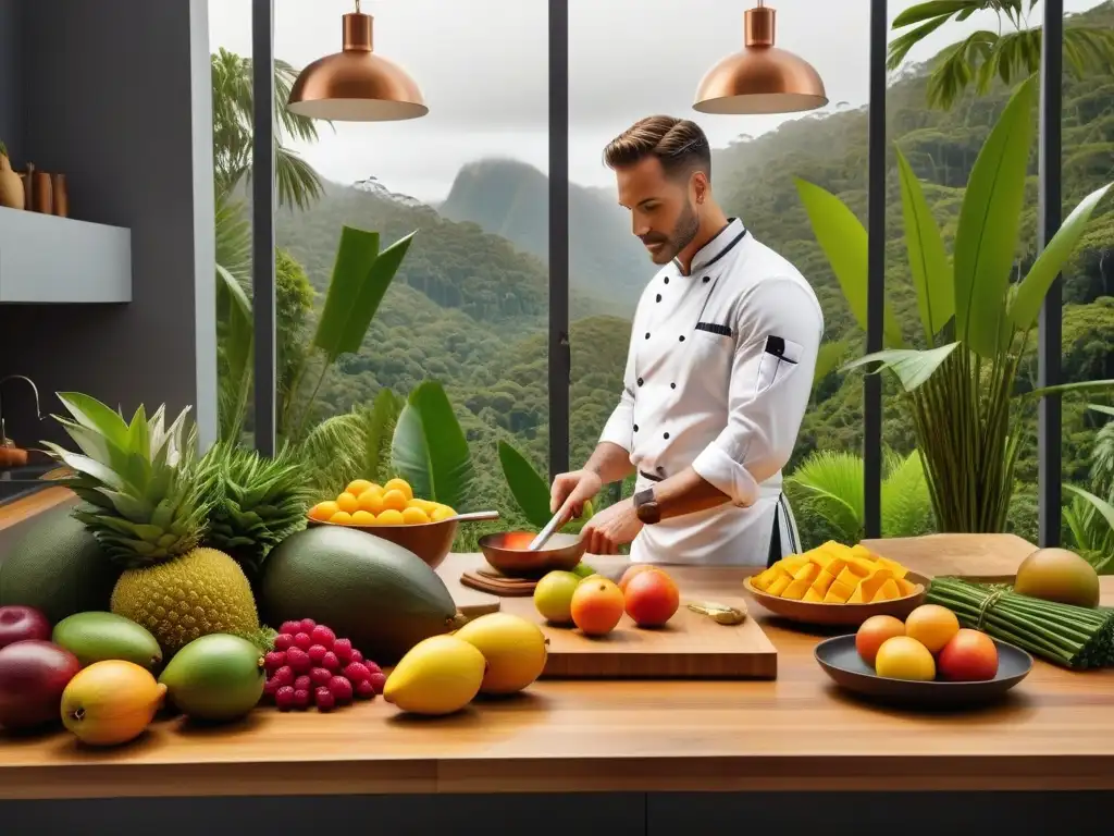 Una cocina vegana en Oceanía: escena fresca y moderna con frutas y verduras coloridas sobre encimera de bambú sostenible