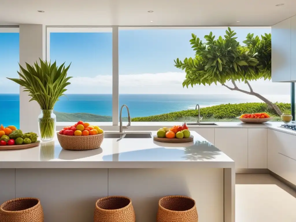 Cocina vegana en Oceanía con frutas y verduras coloridas, luz natural y vista al mar