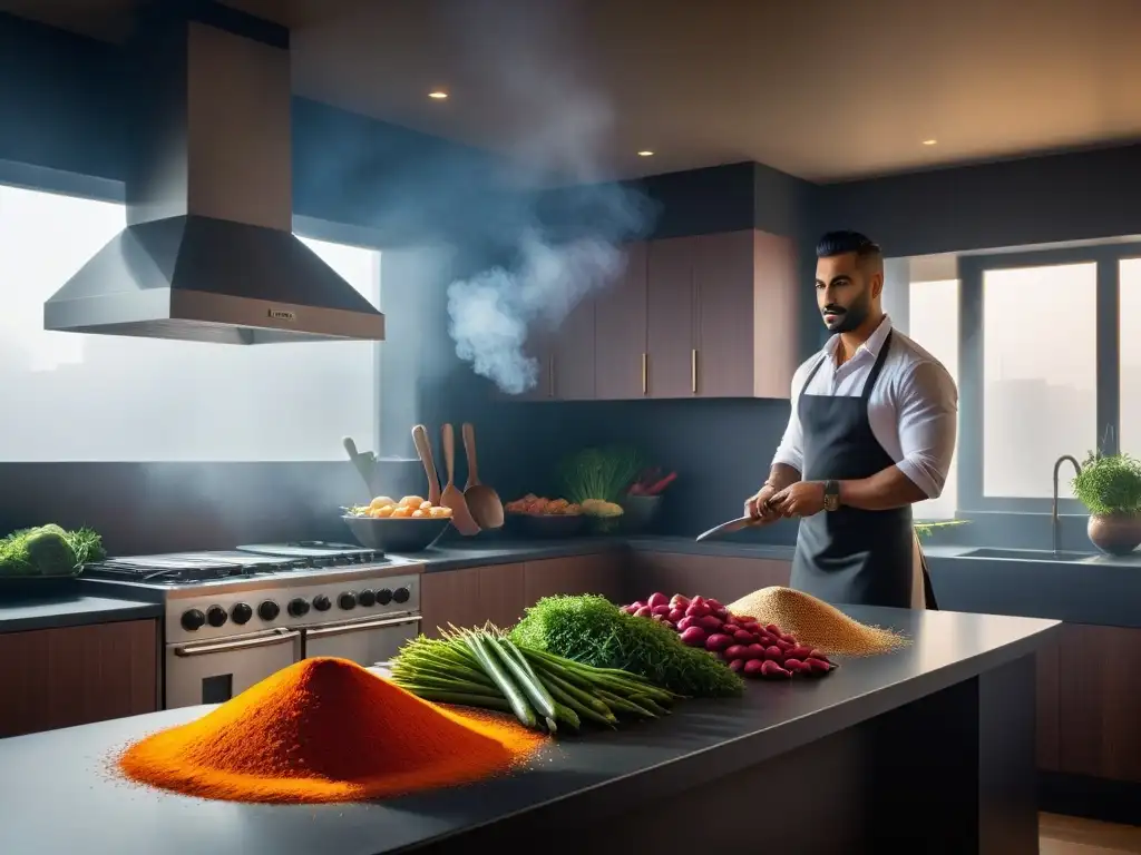 Una cocina vegana en Oriente Medio, con vibrantes vegetales, especias exóticas y utensilios tradicionales