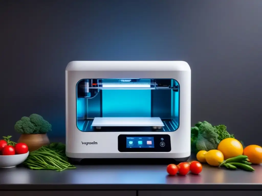 Cocina futurista: impresora 3D crea platos veganos innovadores Cocina vegana personalizada: impresión 3D de platos veganos con ingredientes coloridos en un ambiente futurista y vibrante