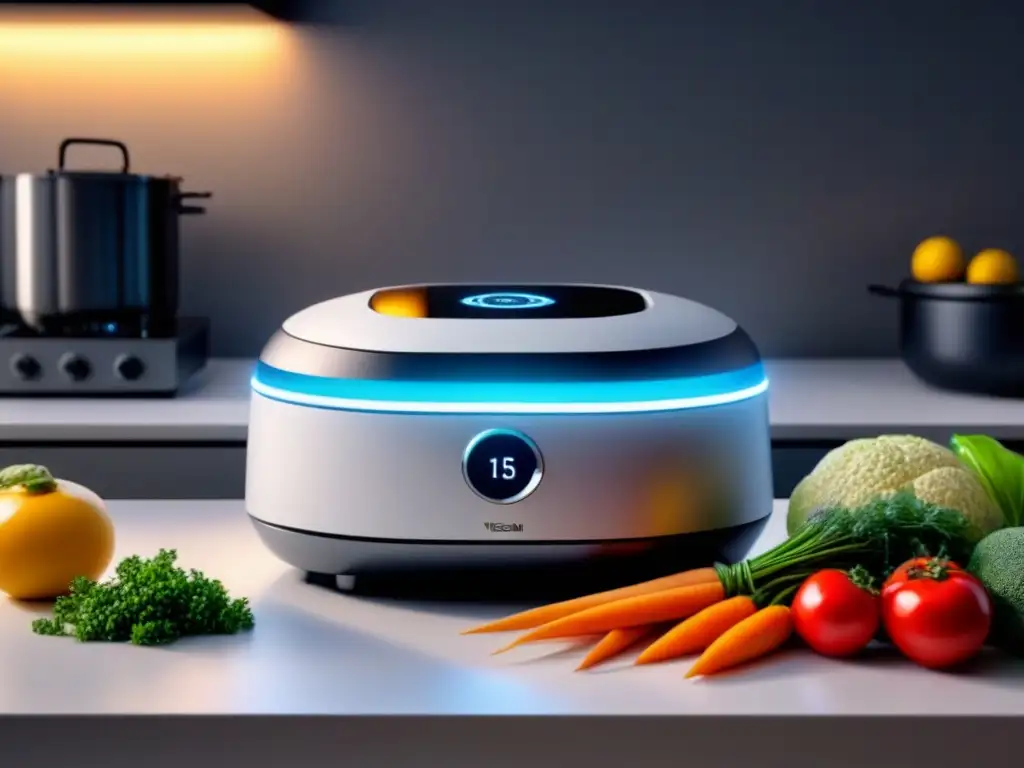 Robótico chef vegano crea platillos precisos en cocina futurista Una cocina vegana personalizada impresión 3D creando platos veganos precisos con ingredientes frescos y coloridos