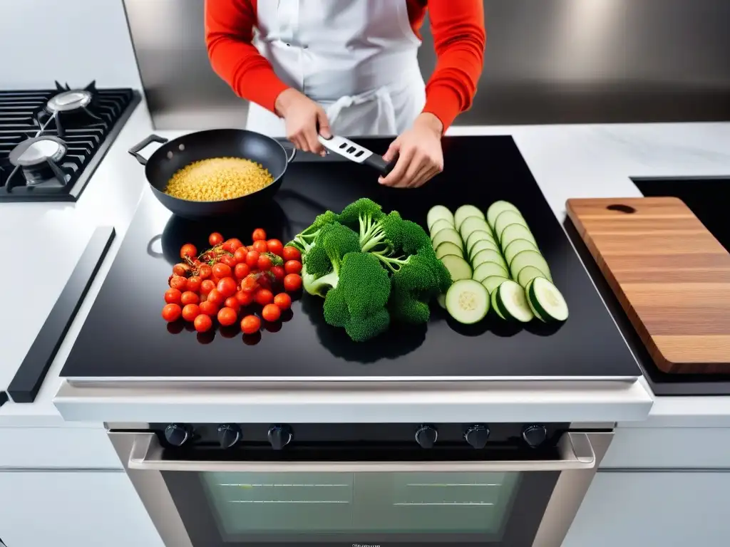 Cocina vegana rápida: Chef preparando vegetales frescos en una cocina moderna y vibrante