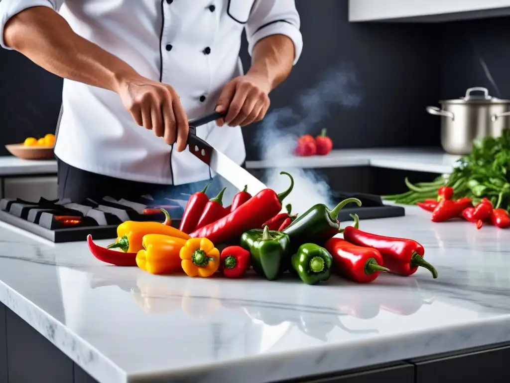 Cocina vegana rápida: chef corta pimientos en cocina moderna llena de verduras frescas y coloridas en mármol