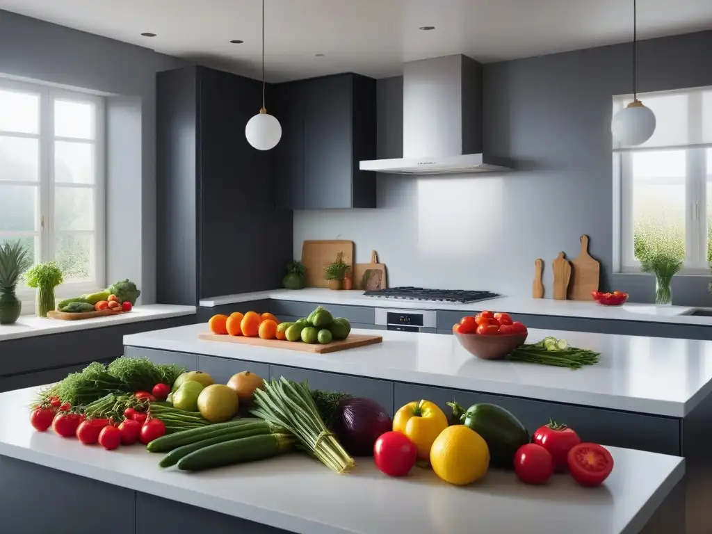 Una cocina vegana serena y colorida, con una isla minimalista llena de vegetales frescos