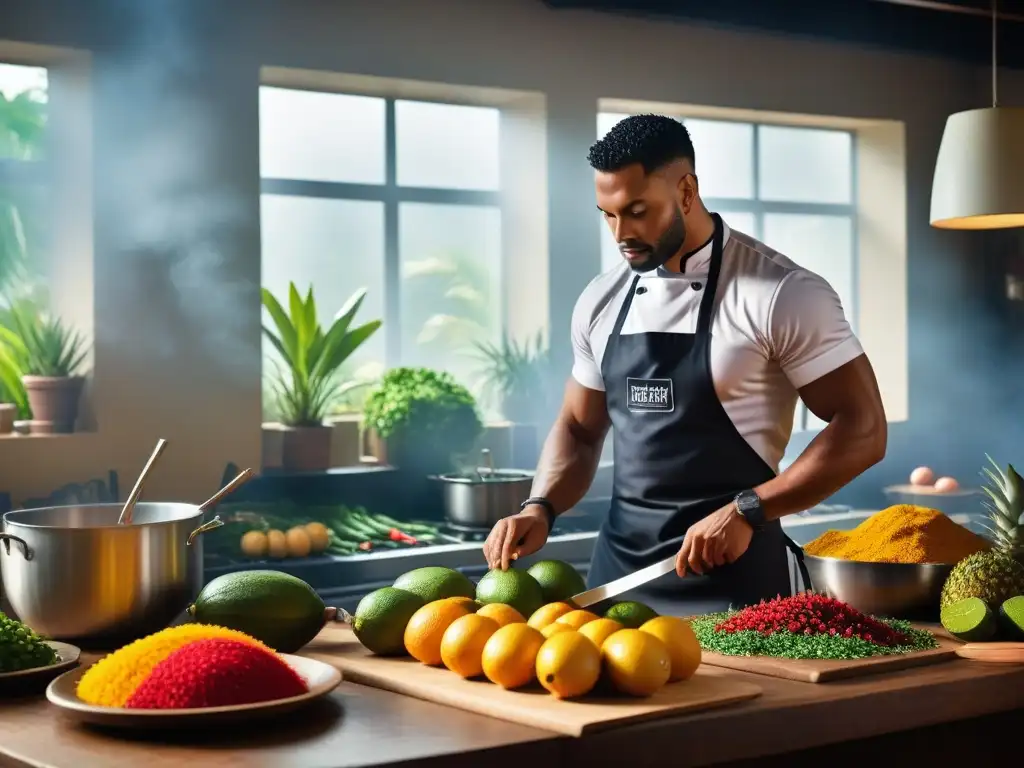 Cocina vegana caribeña sostenible: Chefs preparando platos con ingredientes frescos en cocina colorida y vibrante