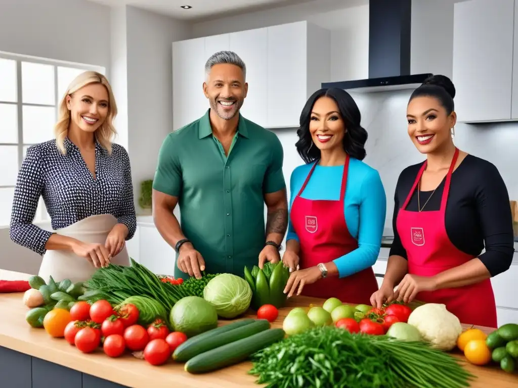 Cocina vegana sostenible: grupo diverso feliz cocinando juntos en una cocina eco-friendly, promoviendo la comunidad y la sostenibilidad