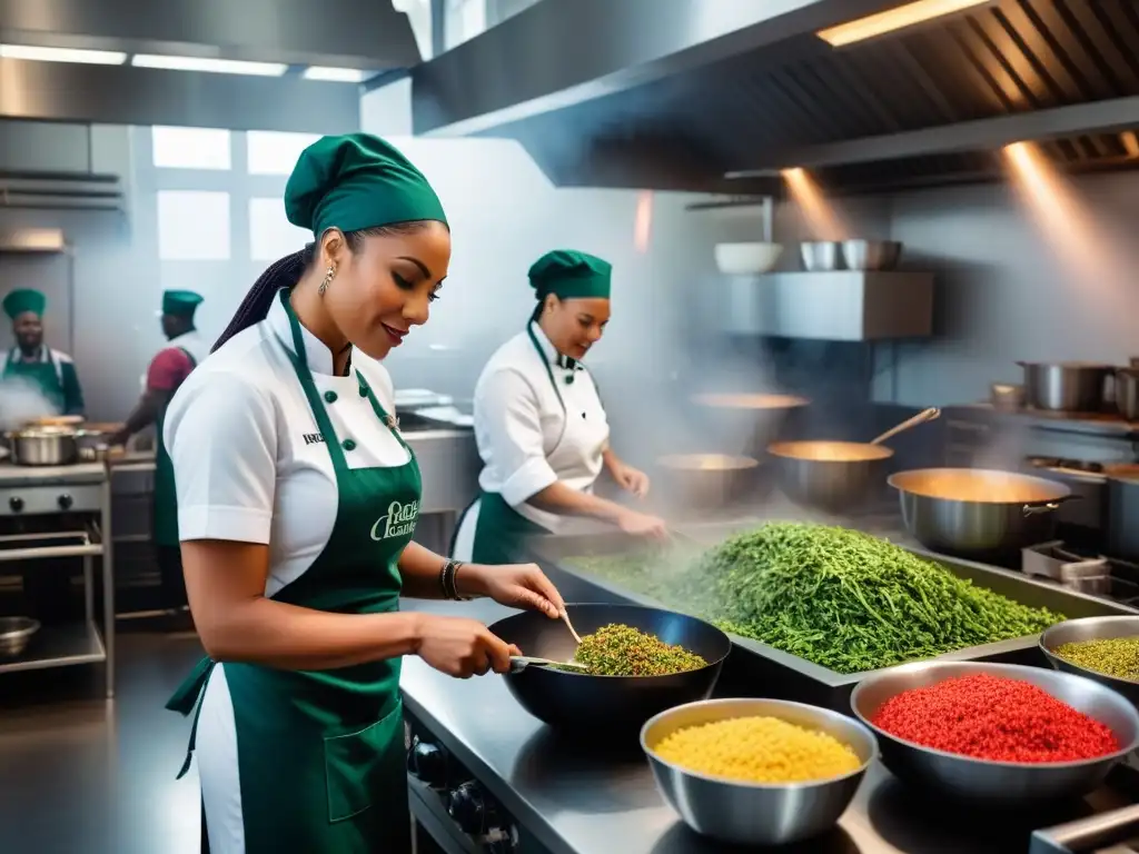 Una cocina vegana caribeña sostenible llena de vida, chefs preparando platos coloridos con ingredientes frescos