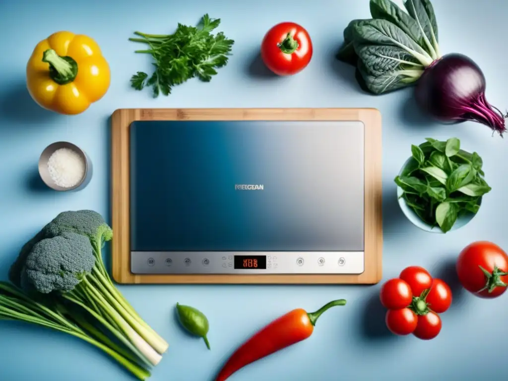 Una cocina vegana sostenible con materiales eco-friendly y alimentos frescos vibrantes