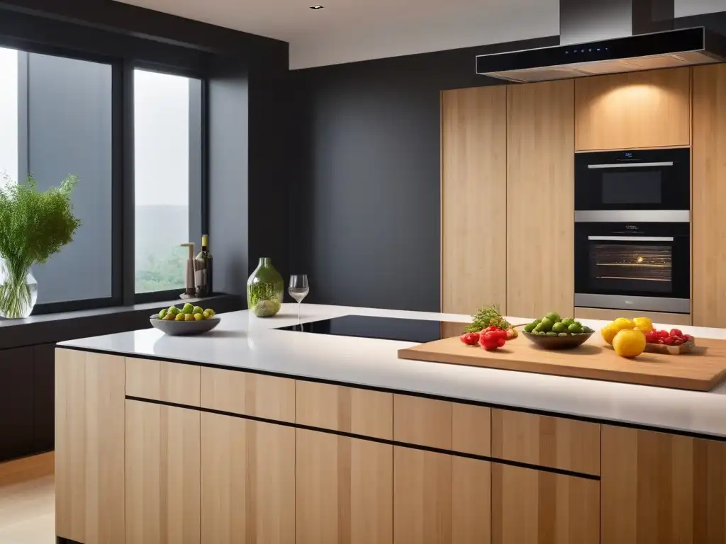 Cocina sostenible y vegana: tecnología de vanguardia Una cocina vegana sostenible y moderna con electrodomésticos de consumo eficiente y diseño minimalista