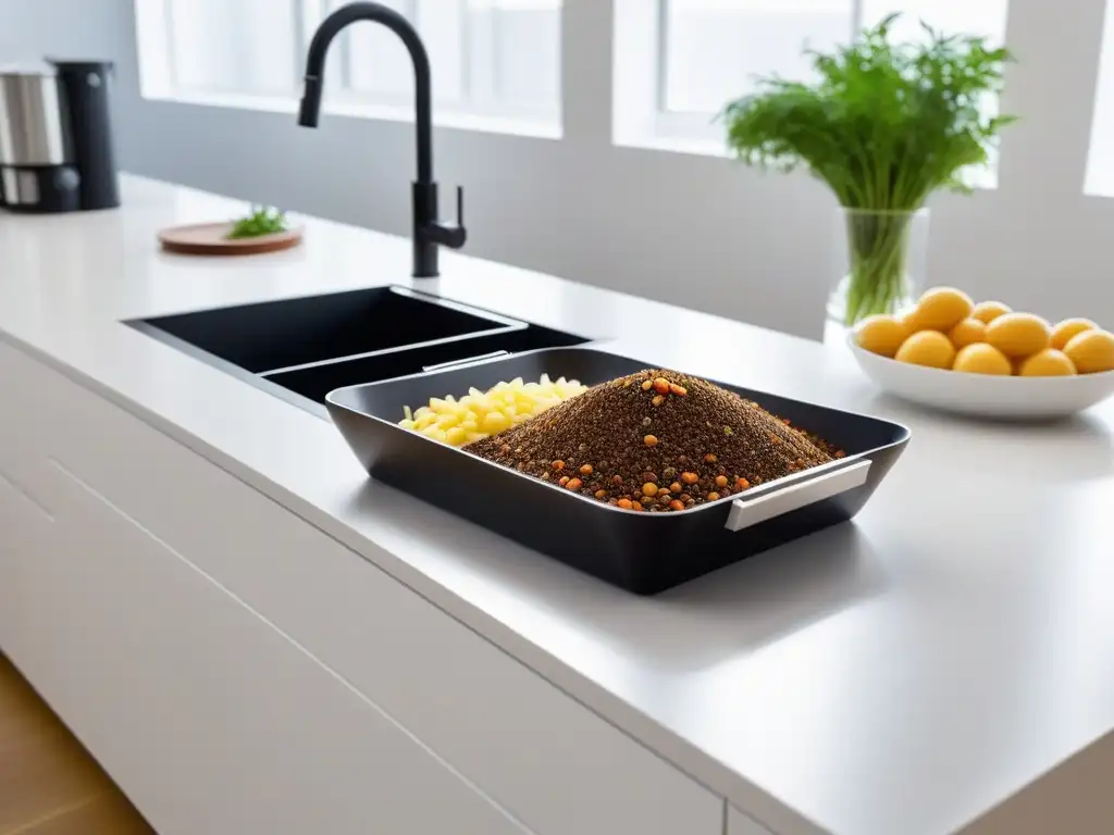 Cocina vegana sostenible: reciclaje compostaje en un diseño moderno y elegante