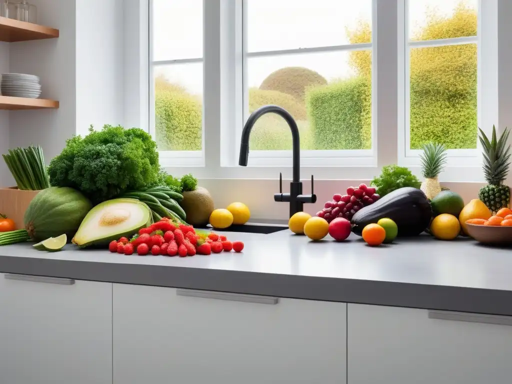 Cocina vegana sostenible: reciclaje y compostaje de frutas y verduras en una encimera moderna, iluminada por luz natural