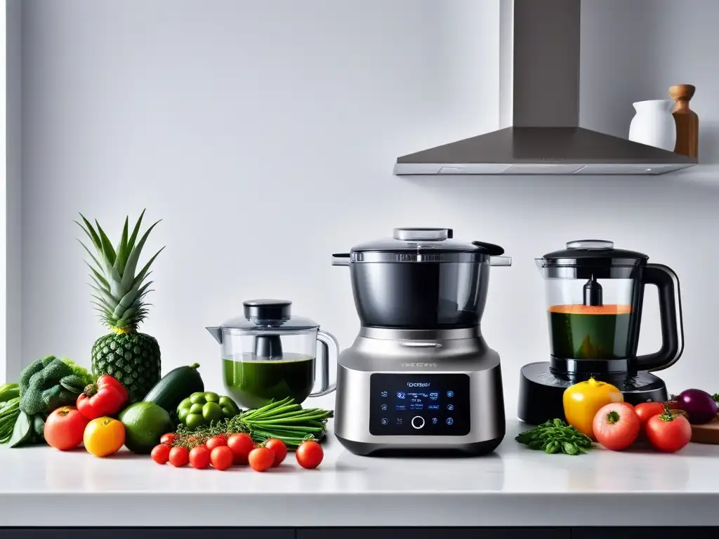 Cocina vegana sostenible con tecnologías emergentes: gadgets de alta tecnología para cocinar en un entorno futurista y elegante