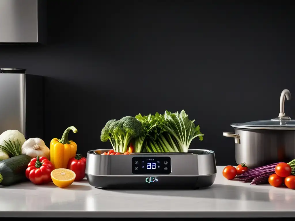 Una cocina vegana sous vide recetas: una máquina futurista rodeada de vegetales frescos en una cocina minimalista y moderna