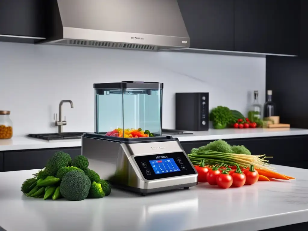 Cocina vegana sous vide recetas: Máquina moderna sellando vegetales coloridos en bolsas, en una cocina profesional de acero inoxidable