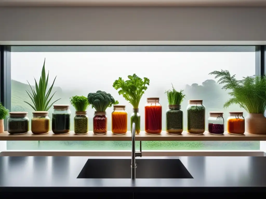 Una cocina vegana sustentable llena de tarros de vegetales fermentados, rodeada de plantas verdes bajo la luz natural