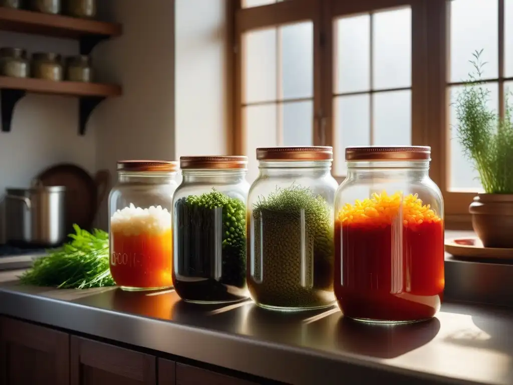 Una cocina vegana sustentable llena de tarros de vegetales fermentados coloridos y hierbas frescas, iluminada por el sol