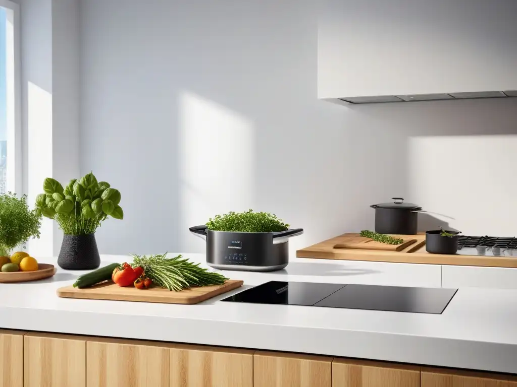 Una cocina vegana con tecnologías sostenibles, diseño minimalista y funcional, bañada en luz natural