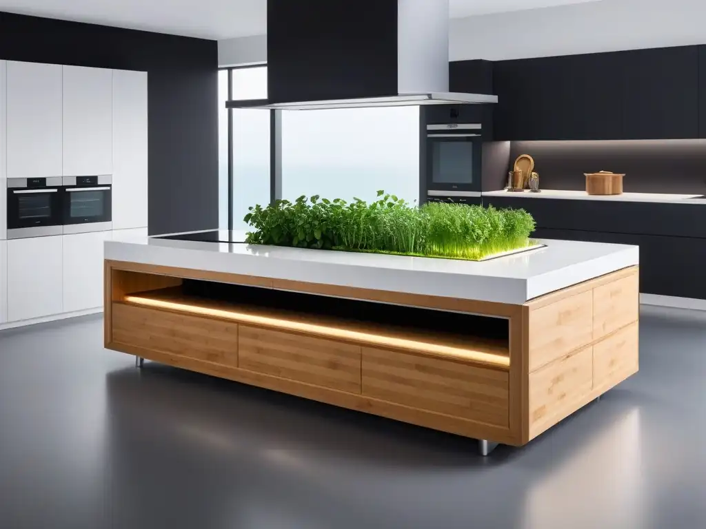 Cocina vegana con tecnologías sostenibles: isla de bambú con electrodomésticos de alta tecnología ecológicos y jardín de hierbas bajo luces LED