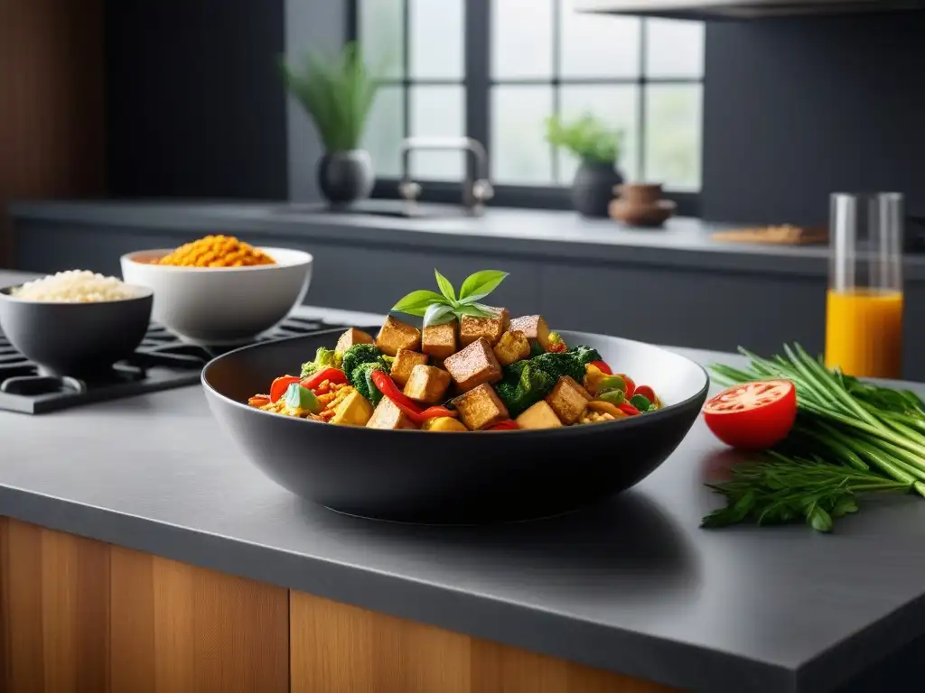 Cocina vegana con tofu tempeh en una escena vibrante y moderna, destacando platos coloridos y sabrosos