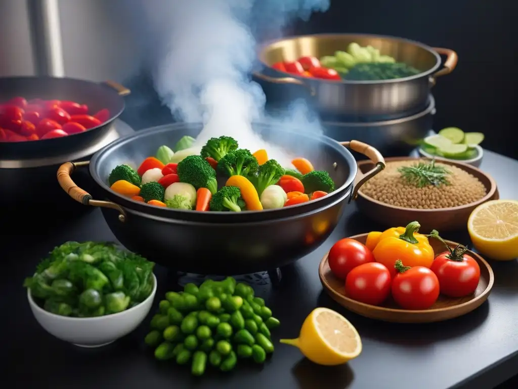 Una cocina vegana al vapor recetas, con verduras frescas y coloridas en vaporeras de bambú, creando una escena saludable y vibrante