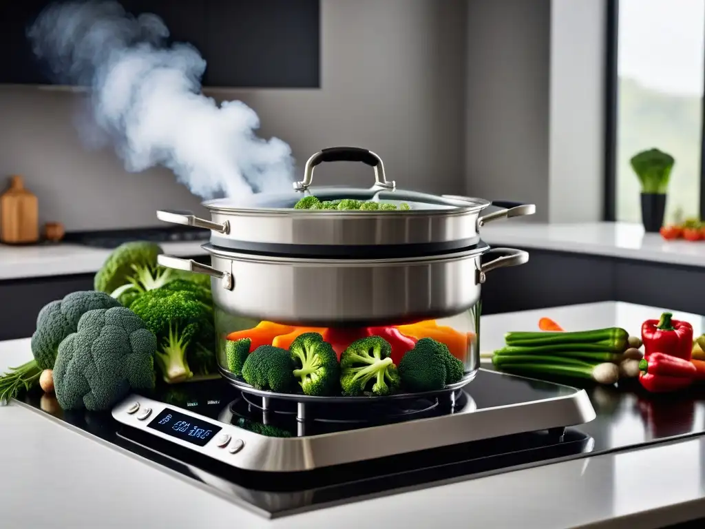 Guía cocina vegana al vapor: vaporosas verduras coloridas en moderna vaporera de acero inoxidable