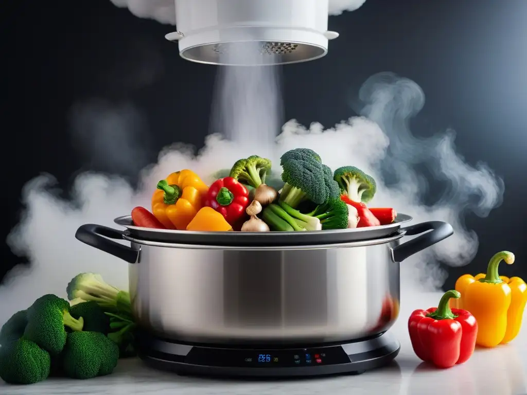 Guía cocina vegana al vapor: verduras coloridas en vaporera de acero inoxidable, en cocina moderna