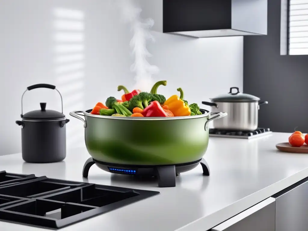 Una cocina vegana al vapor con bambú: verduras vibrantes y coloridas en un vaporera de diseño, iluminadas por luz natural en una cocina minimalista