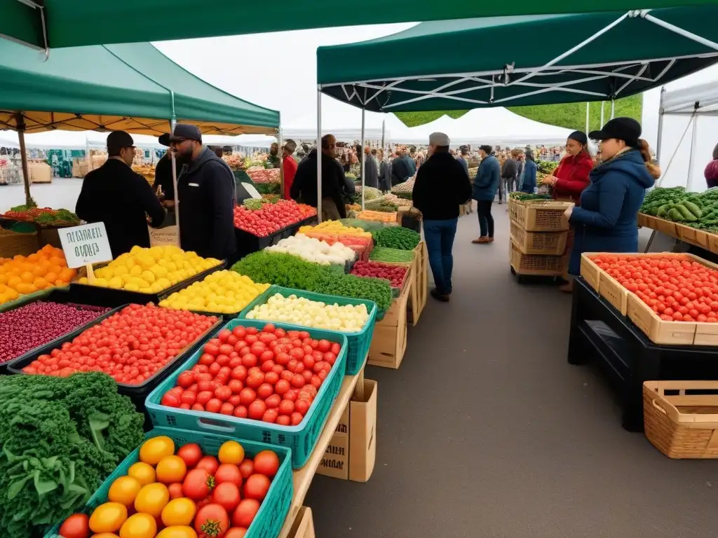 Transformación en la cocina vegana: vibrante mercado de agricultores con productos frescos y coloridos, inspirando nuevas recetas tradicionales