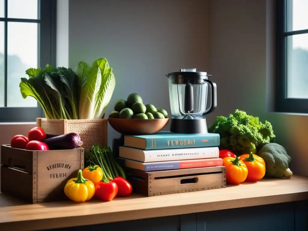 Cocina vegana vibrante con vegetales frescos, libros de recetas y licuadora moderna