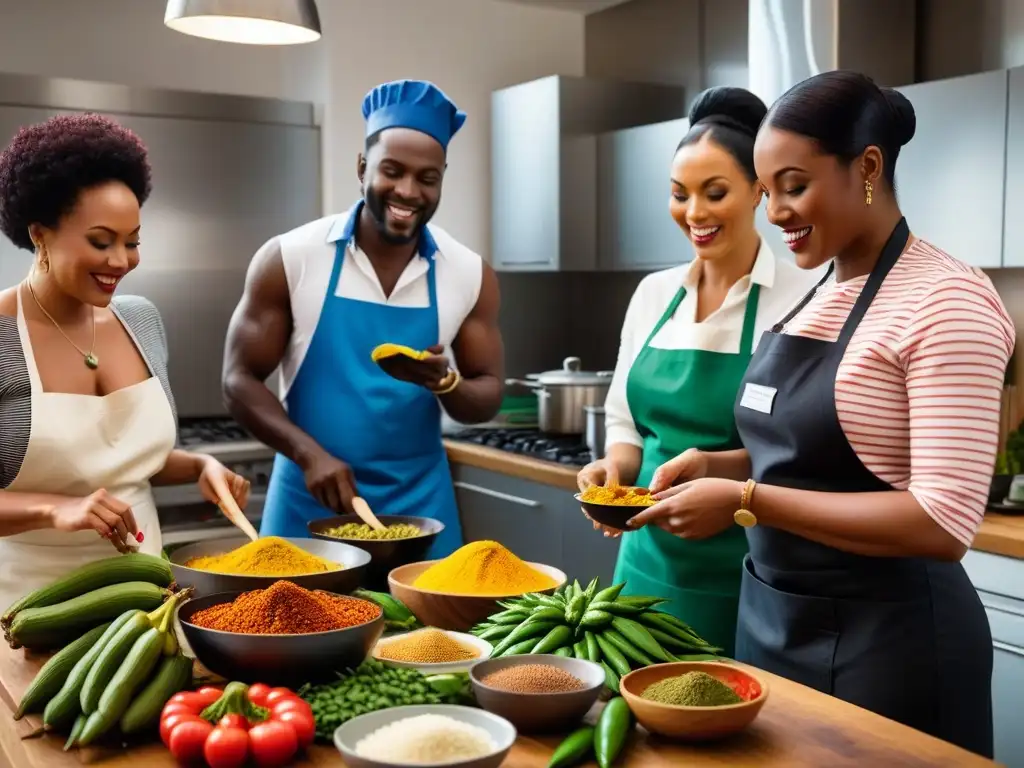 Una cocina vibrante donde se prepara cocina vegana africana saludable con ingredientes coloridos y participantes entusiasmados