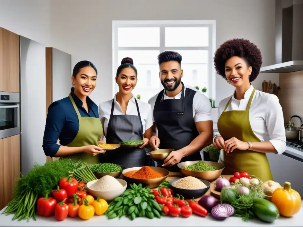 Una cocina vibrante fusionando culturas, donde personas diversas cocinan alegremente juntas platos veganos