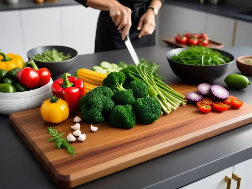 Una cocina vibrante con ingredientes frescos y un libro de 'Recetas cocina vegana rápida'