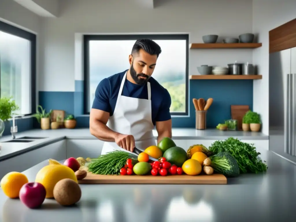 Una cocina vibrante llena de frutas, verduras, nueces y semillas, con luz natural