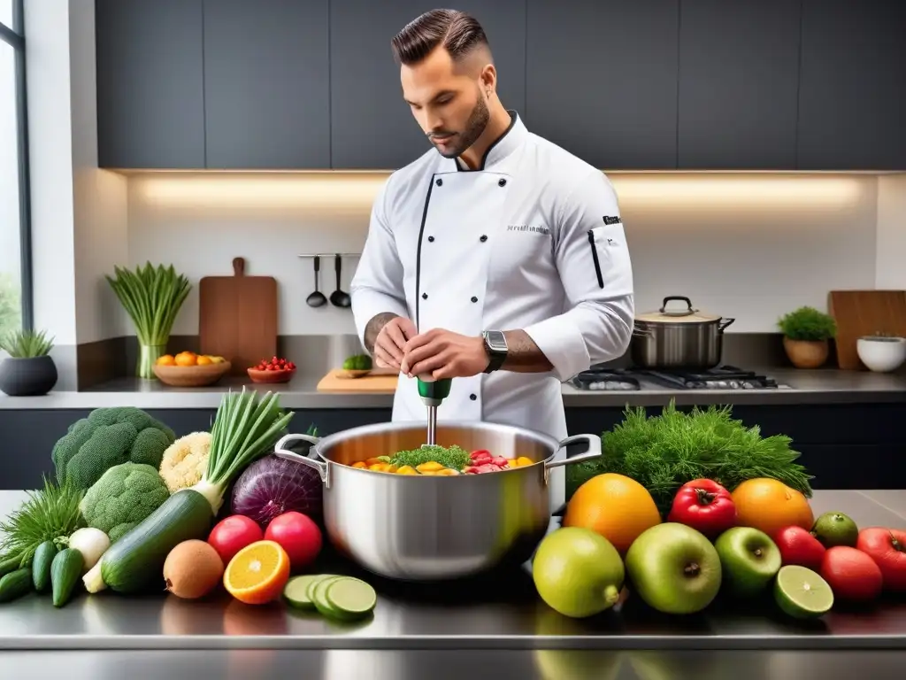 Una cocina vibrante y moderna con frutas y verduras coloridas, un chef usando técnicas cocina vegana baja temperatura