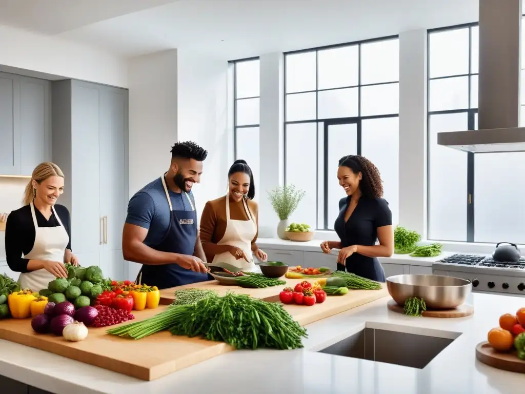 Una cocina vibrante y moderna con ingredientes locales, donde personas diversas cocinan juntas en un ambiente cálido y acogedor