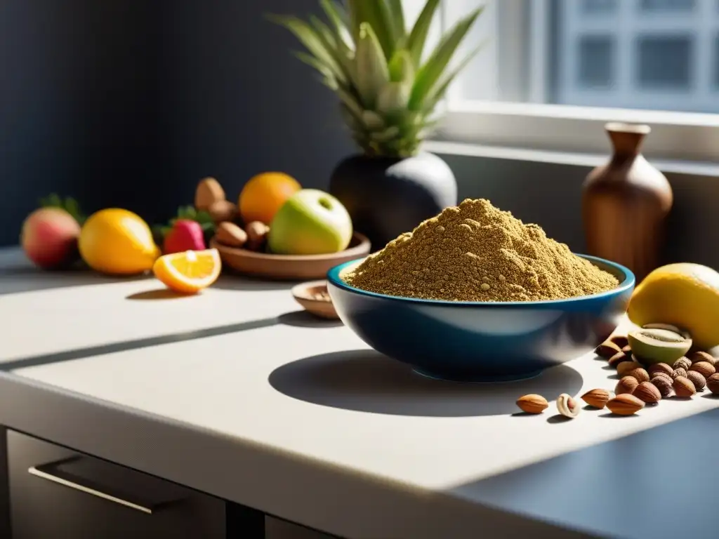 Una cocina vibrante y moderna llena de ingredientes vegetales, con maca en primer plano