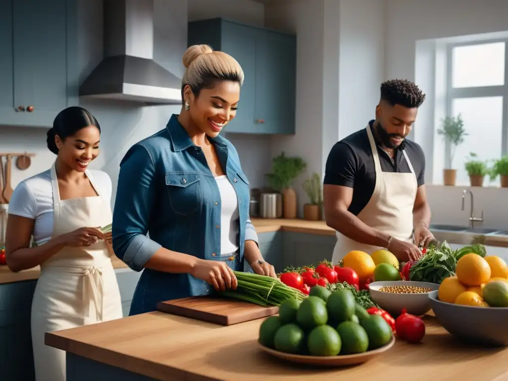 Una cocina vibrante y moderna donde personas diversas cocinan juntas, preservando recetas tradicionales en un ambiente cálido y comunitario