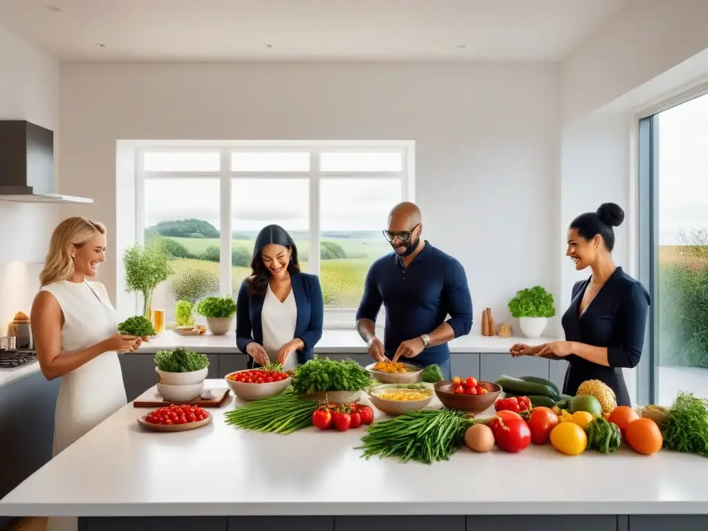 Una cocina vibrante y moderna donde personas de diversas edades y orígenes preparan juntas platos veganos