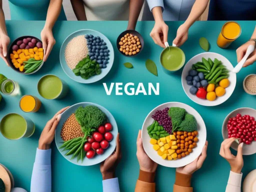 Una cocina vibrante y moderna con personas diversas disfrutando de alimentos veganos y suplementos, transmitiendo vitalidad y salud