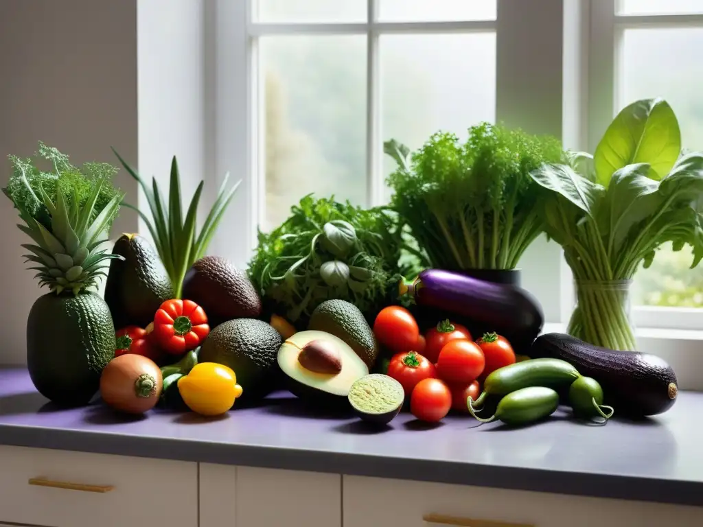 Una cocina vibrante y moderna repleta de coloridas verduras y frutas frescas