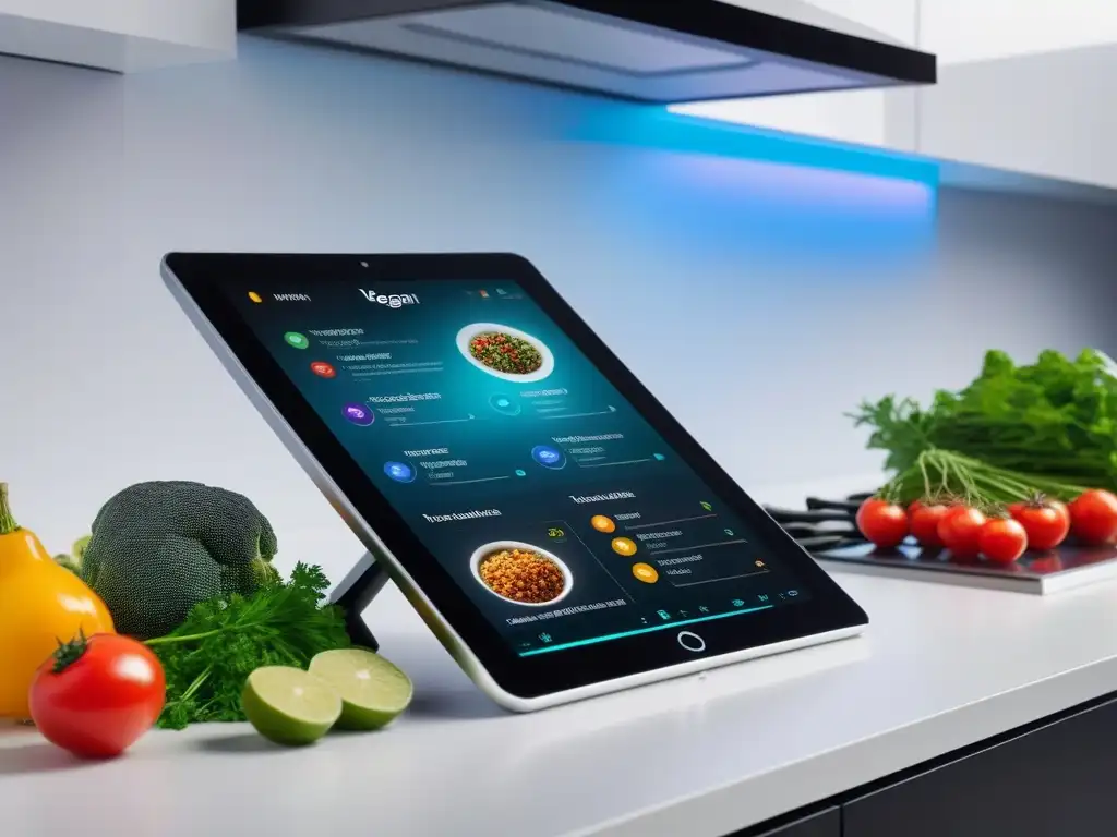 Una cocina vibrante y moderna con una tablet mostrando apps cocina vegana para foodies, en un ambiente futurista y minimalista