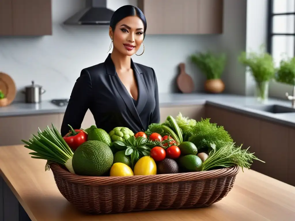 Una cocina vibrante y moderna con una variedad de verduras frescas y hierbas coloridas, destacando un aguacate maduro abierto