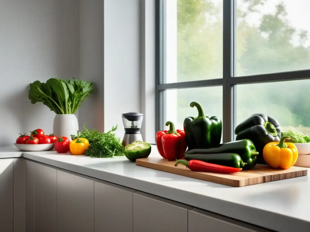 Una cocina vibrante y moderna con una variedad de verduras frescas y coloridas, cuchillos de chef, sin aceite