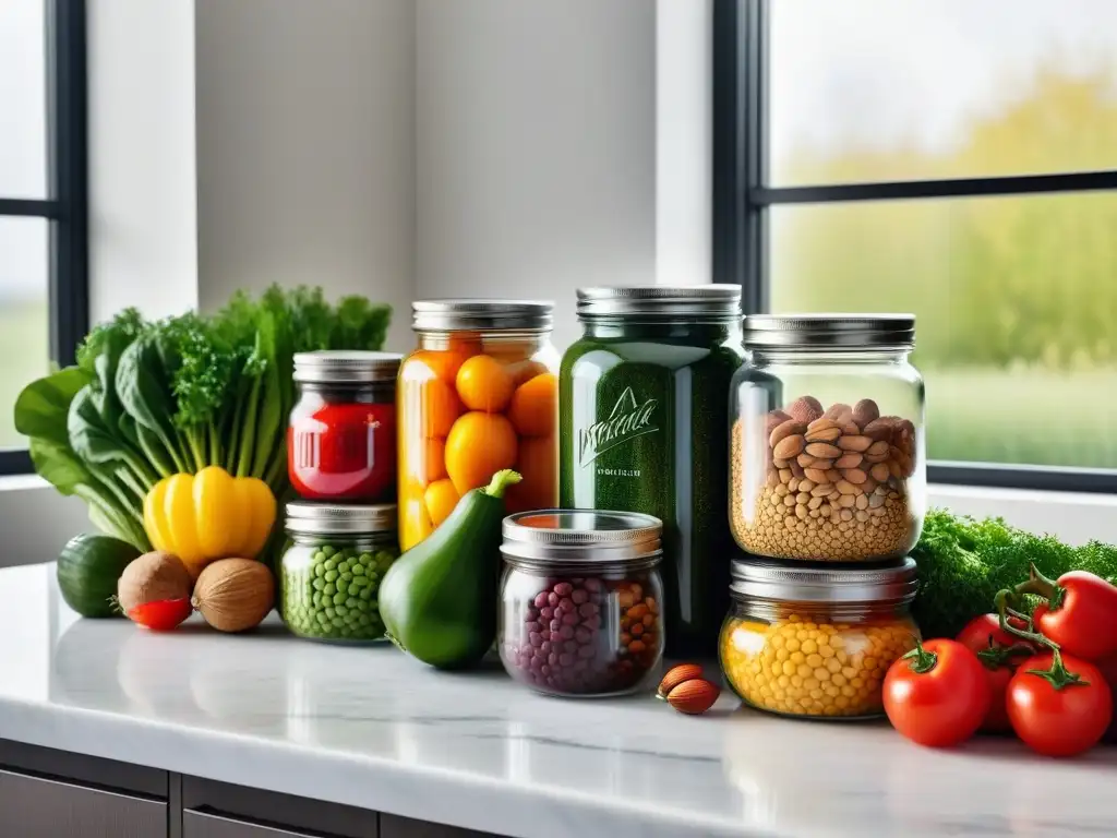 Una cocina vibrante y moderna con una variedad de vegetales frescos, frutas coloridas y granos organizados en un elegante mostrador de mármol