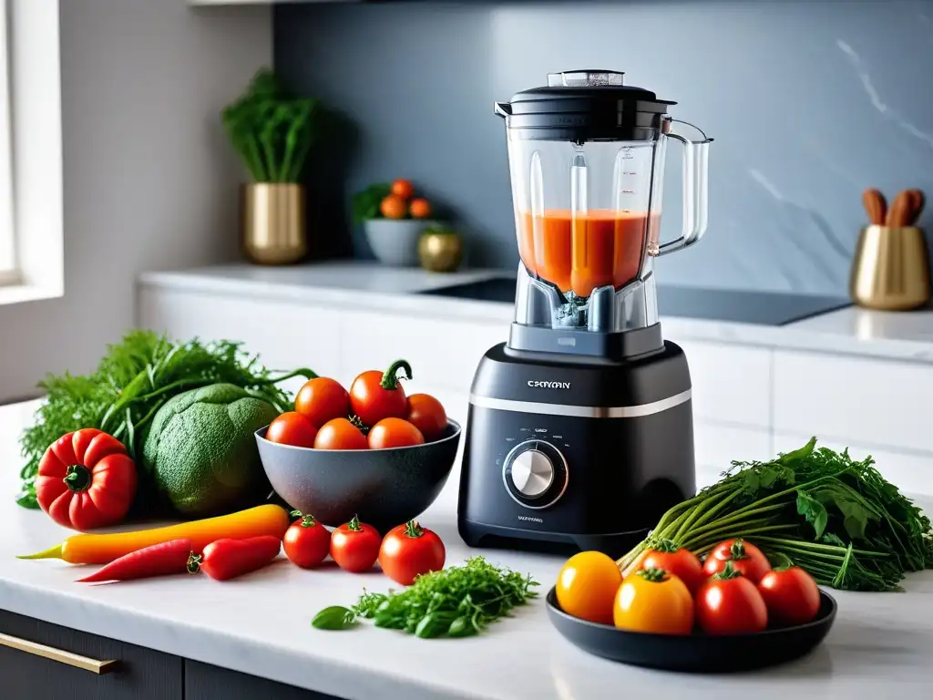 Una cocina vibrante y moderna con verduras frescas y coloridas, una licuadora preparando smoothies verdes y libros de cocina vegana