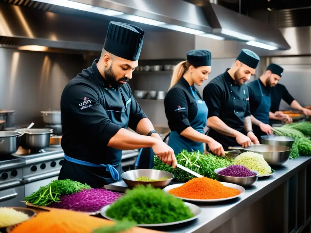 Cocina vibrante de un restaurante vegano con chefs creando platos veganos innovadores sustentables